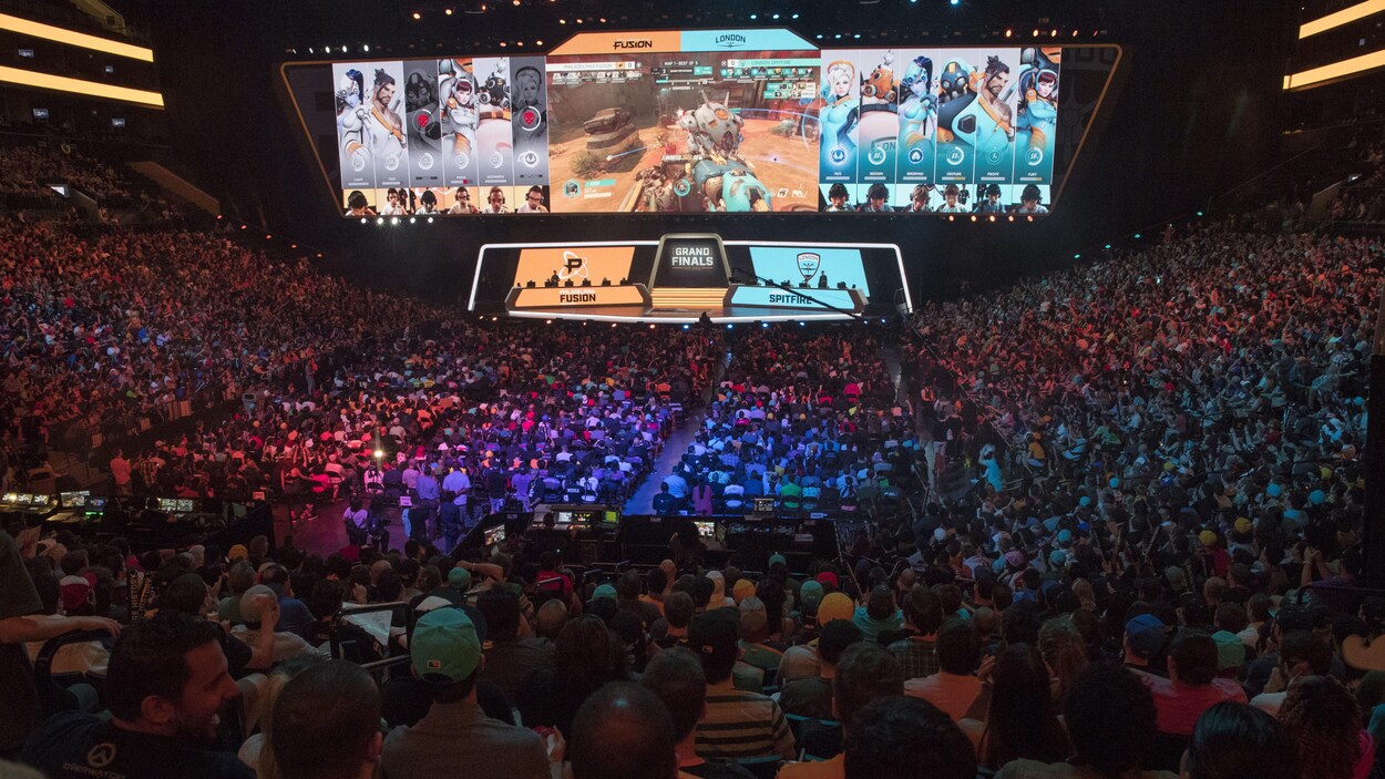 Des partisans rassemblés dans un stade regardent la finale de la première saison de l'Overwatch League.