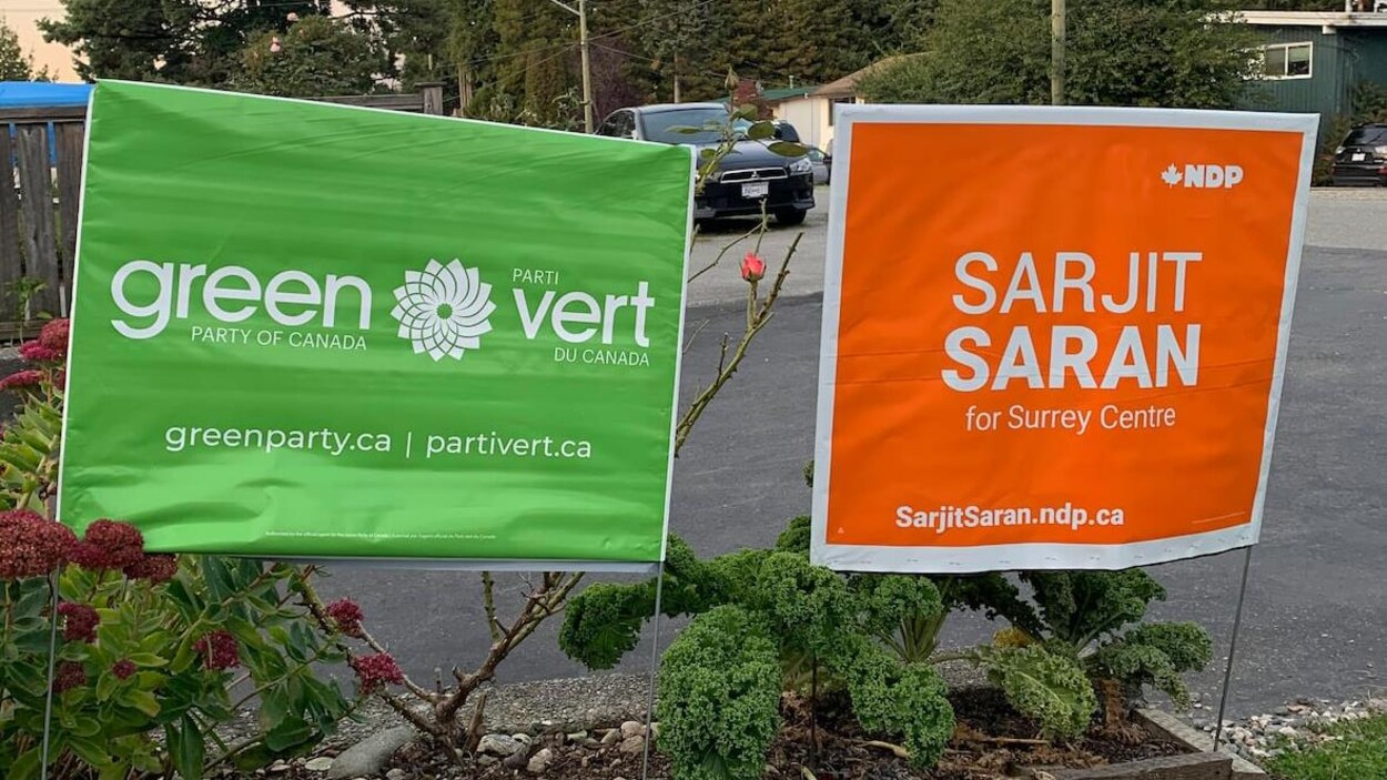 Une pancarte du parti vert et une pancarte du candidat du NPD dans Surrey-Centre Sarjit Saran sont plantées parmi des fleurs.