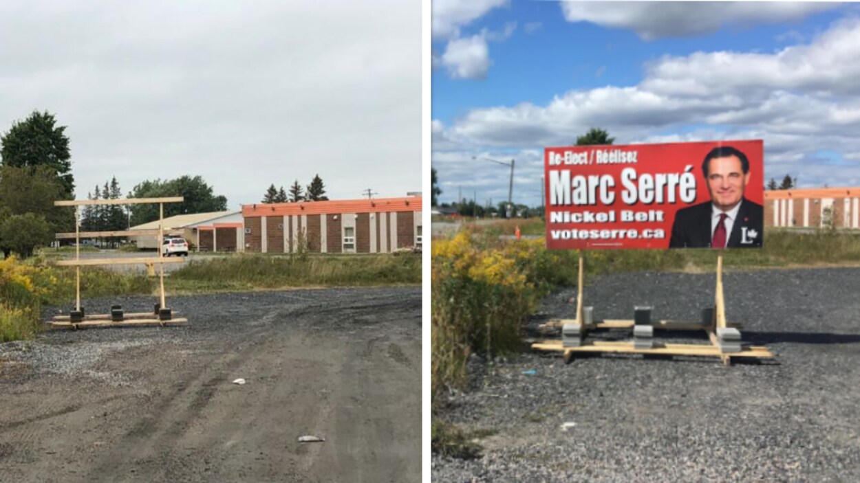 Deux photos du même emplacement montrant une pancarte retirée et, dans le passé, la pancarte qui était présente.