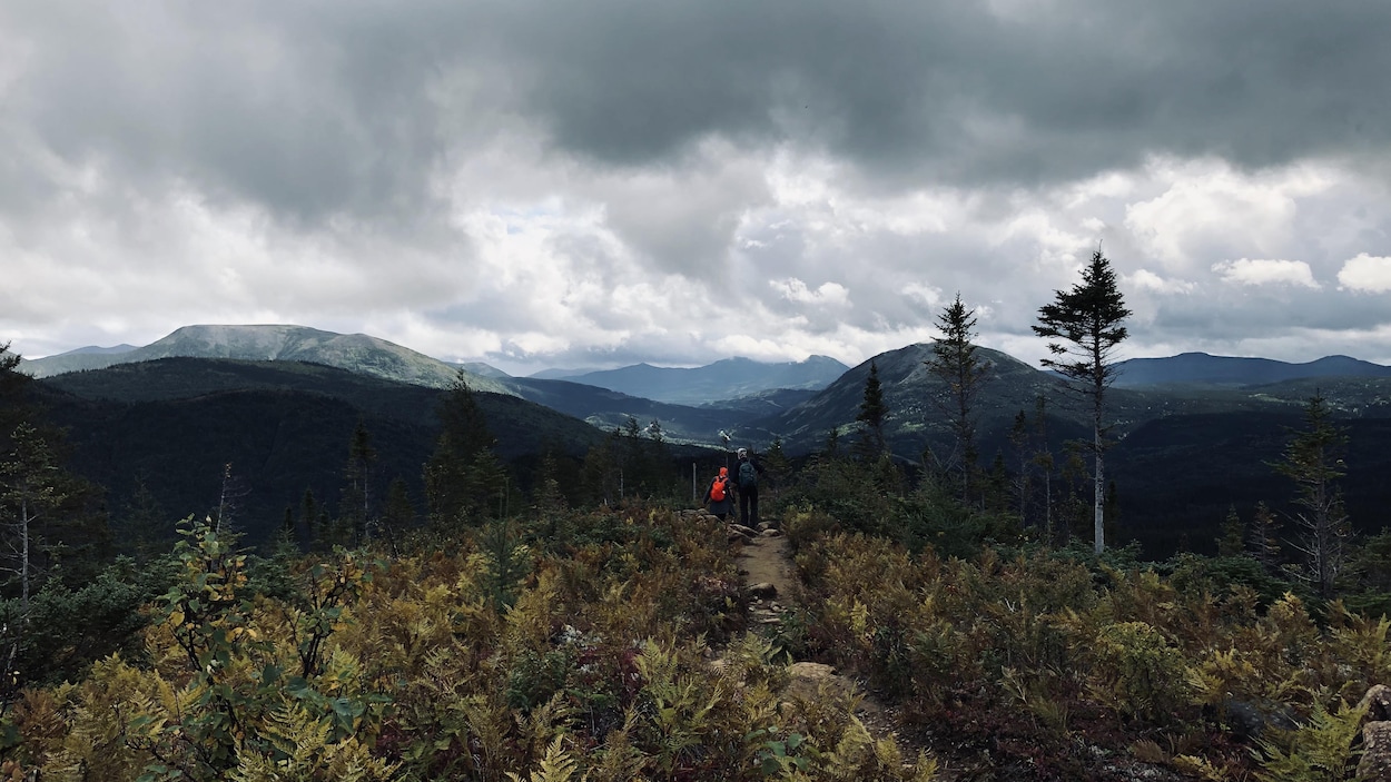Sous un ciel nuageux, des randonneurs marchent dans un sentier du mont Olivine.