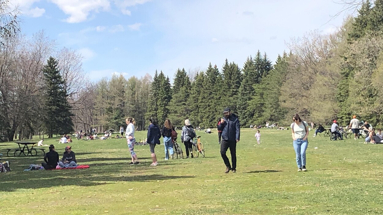 Une dizaine de personnes se promènent dans le parc.