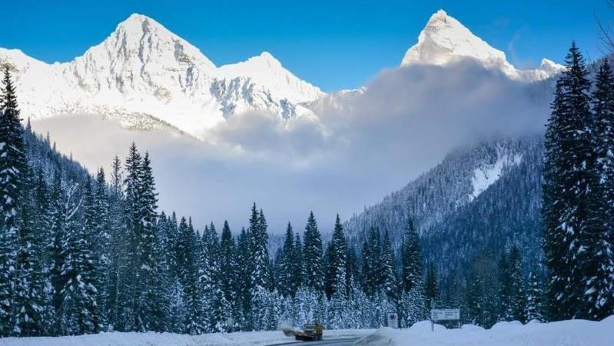 Une déneigeuse déblaie une route bordée de grands sapins, au pied de montagnes couvertes de neige.