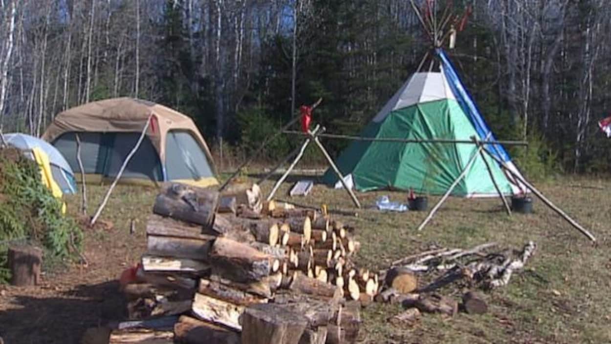 Un site de camping en Saskatchewan avec deux tentes et des bûches empilées.