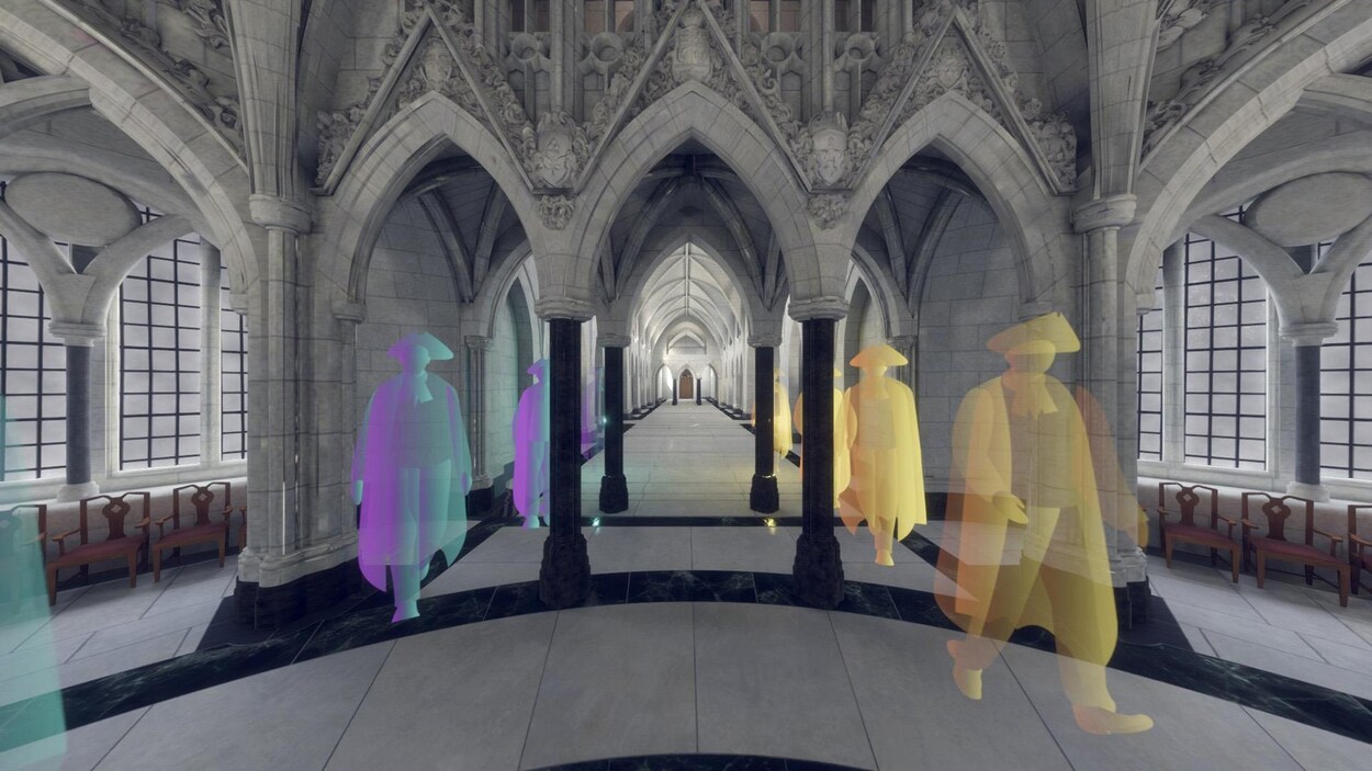 Image 3D du hall d'entrée de pierre du parlement d'Ottawa dans lequel on aperçoit des illustrations de personnages colorés.
