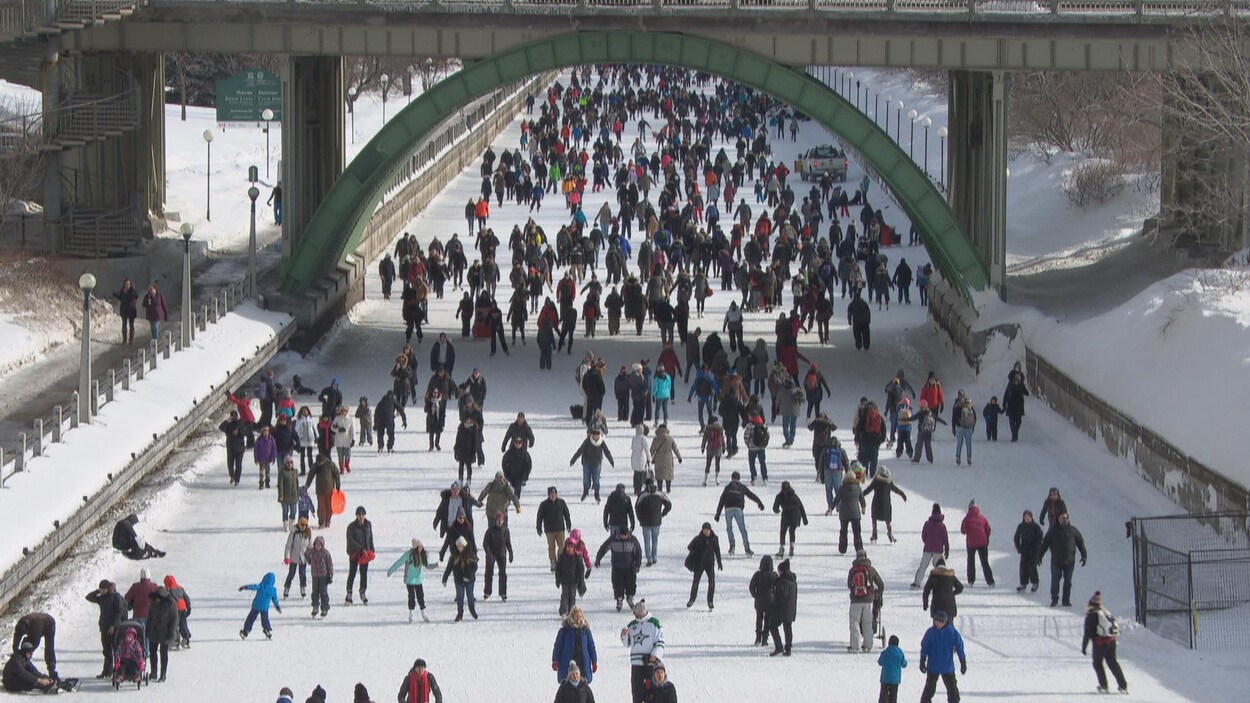 Des dizaines de gens patinent sur le canal Rideau.