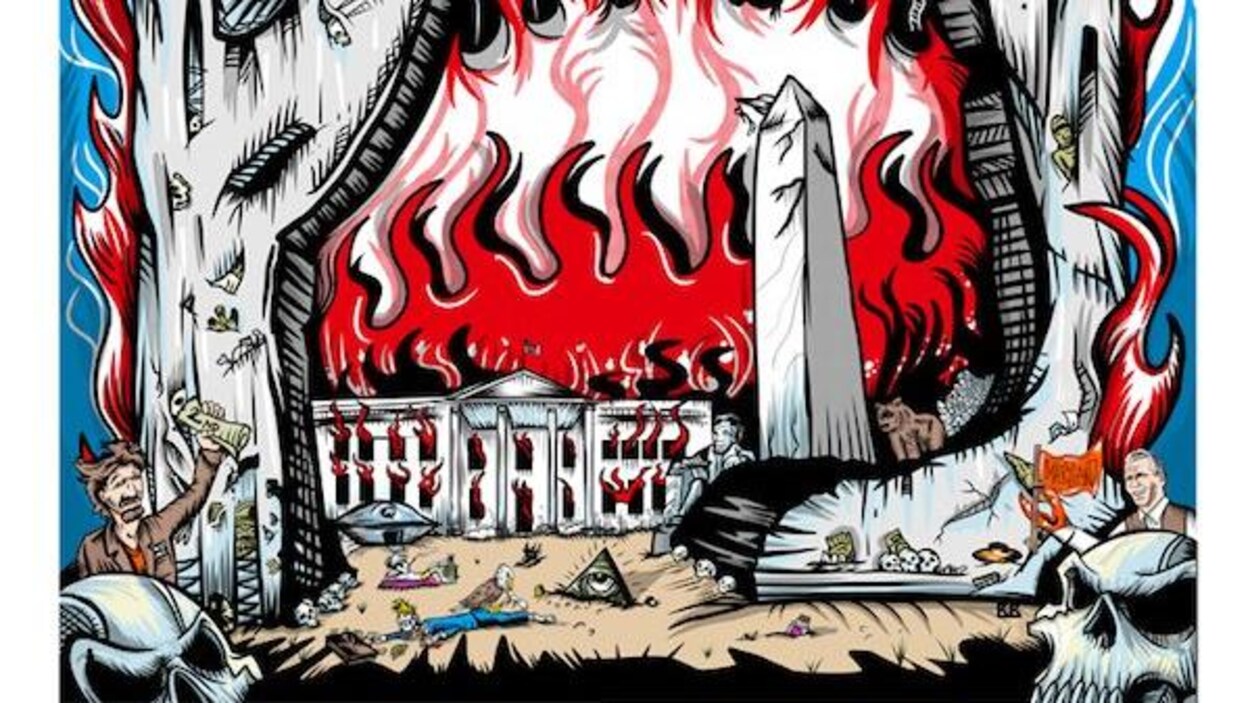 Affiche présentant la Maison-Blanche en flammes et un aigle en train
de picorer un squelette qui ressemble à Donald Trump.