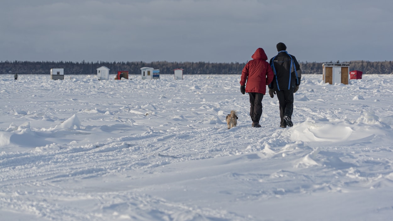 Un couple marche sur la banquise accompagné de leur chien.