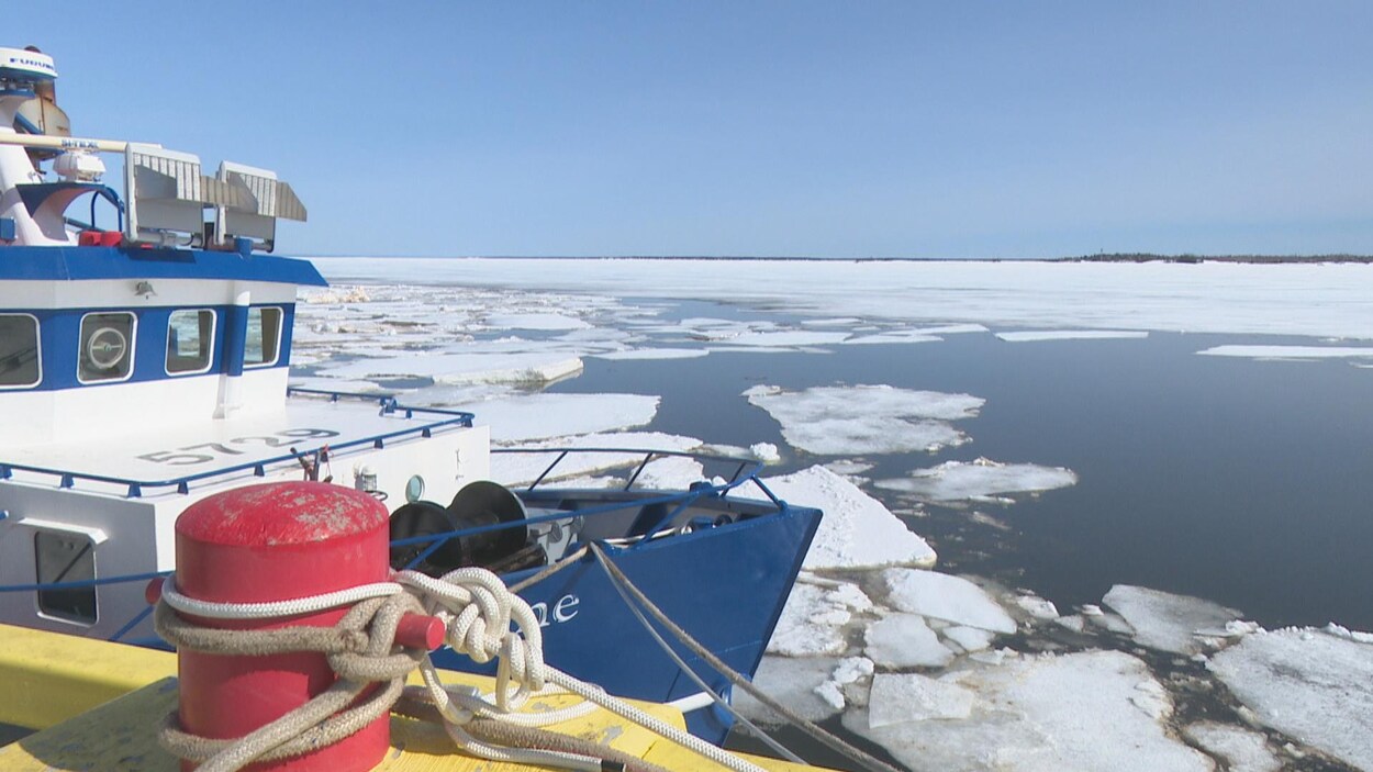 Un bateau entouré de glace est amarré à un quai.