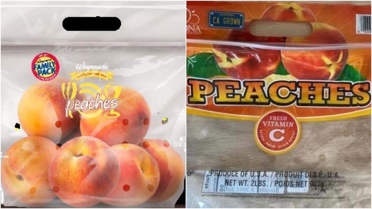 Deux emballages de pêches juxtaposés