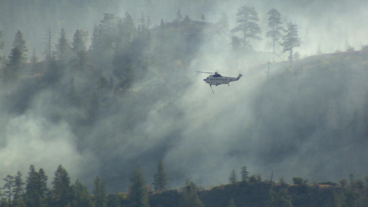 Un hélicoptère au dessus d'un feu de forêt.