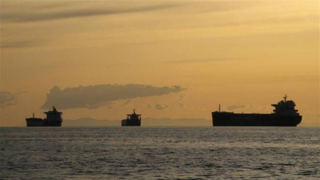 Des pétroliers mouillent au large d'un port sous un ciel orangé