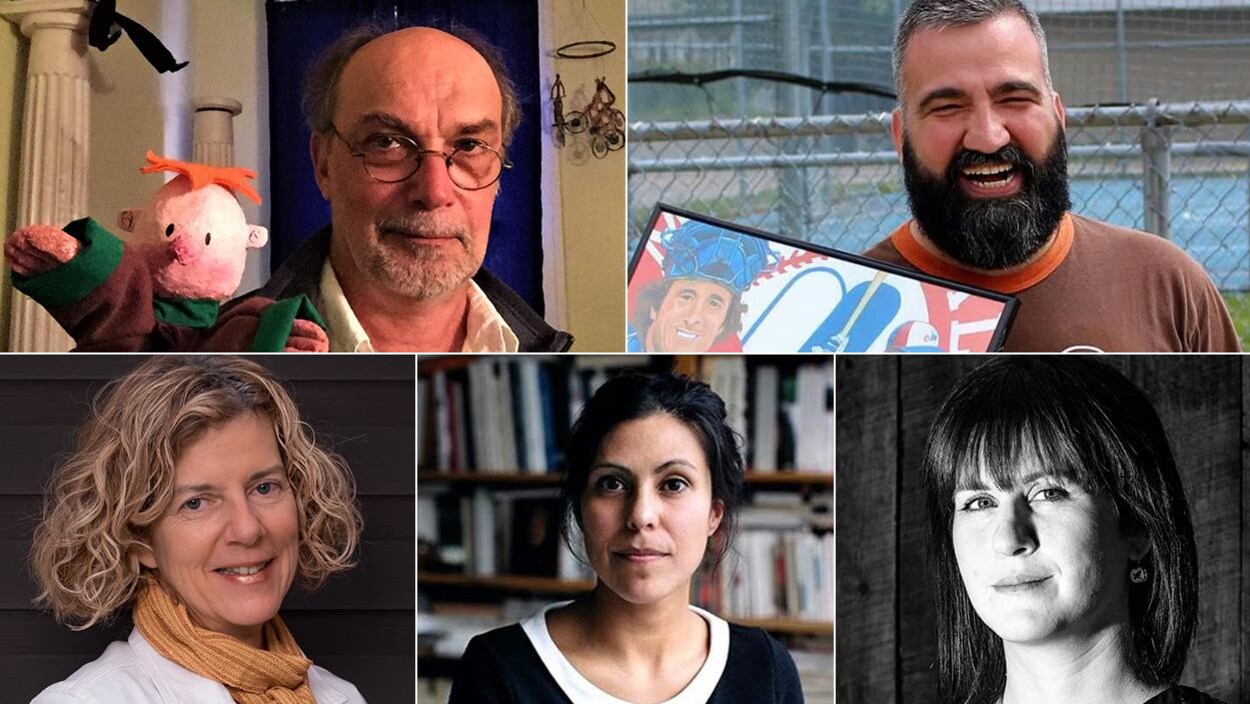 Montage photos des portraits des 5 finalistes du prix du récit Radio-Canada 2018.