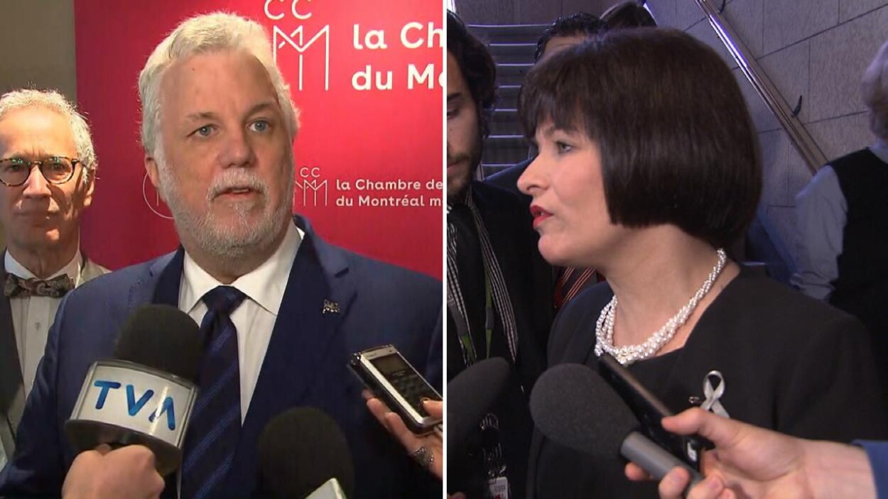 Montage représentant le premier ministre du Québec, Philippe Couillard, lors d'un point de presse à la Chambre de commerce du Montréal métropolitain, et la ministre fédérale de la Santé, Ginette Petitpas Taylor, lors d'un point de presse dans un couloir de la Chambre des communes. Montage représentant le premier ministre du Québec, Philippe Couillard, lors d'un point de presse à la Chambre de commerce du Montréal métropolitain, et la ministre fédérale de la Santé, Ginette Petitpas Taylor, lors d'un point de presse dans un couloir de la Chambre des communes.