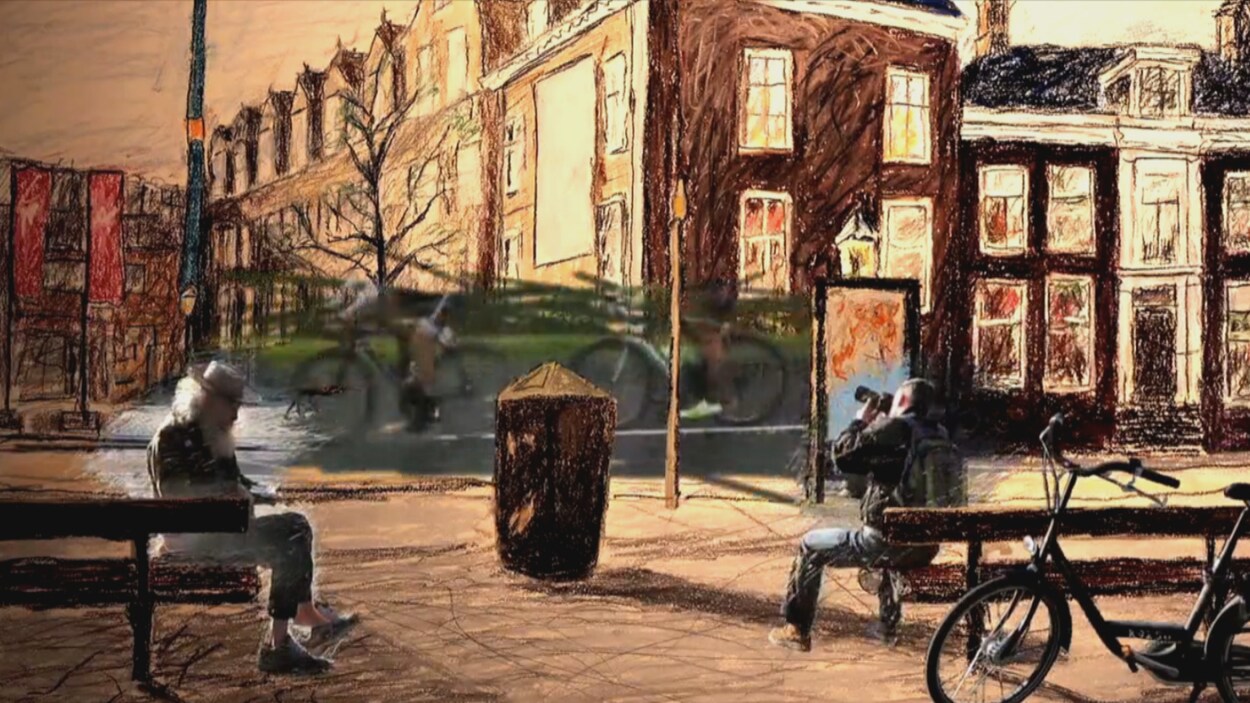Des personnages sur la rue, un mélange de photo et de peinture.