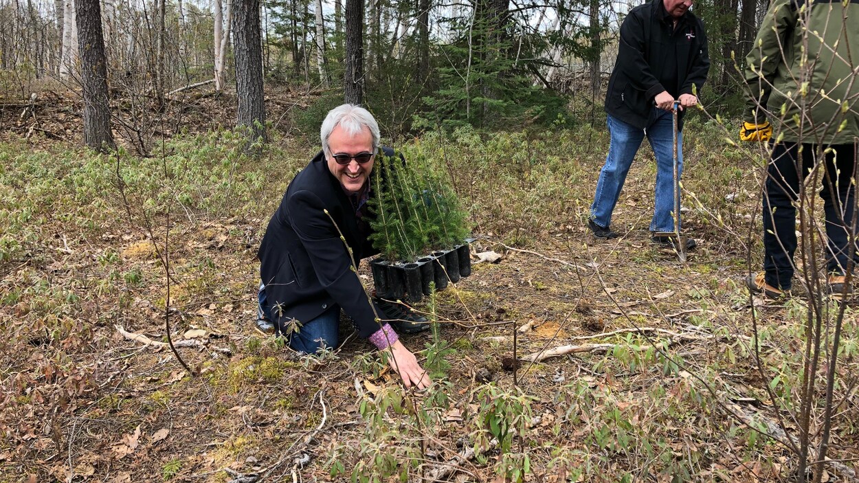 Pierre Dufour sourit à la caméra en tenant une caissette de jeunes arbres.