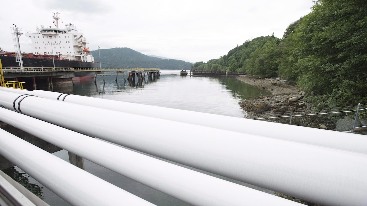 Photo d'un tanker pétrolier recevant son chargement de pétrole du pipeline Trans Mountain de Kinder Morgan à Burnaby en Colombie-Britannique, le 4 juin 2015. Photo d'un tanker pétrolier recevant son chargement de pétrole du pipeline Trans Mountain de Kinder Morgan à Burnaby en Colombie-Britannique, le 4 juin 2015.