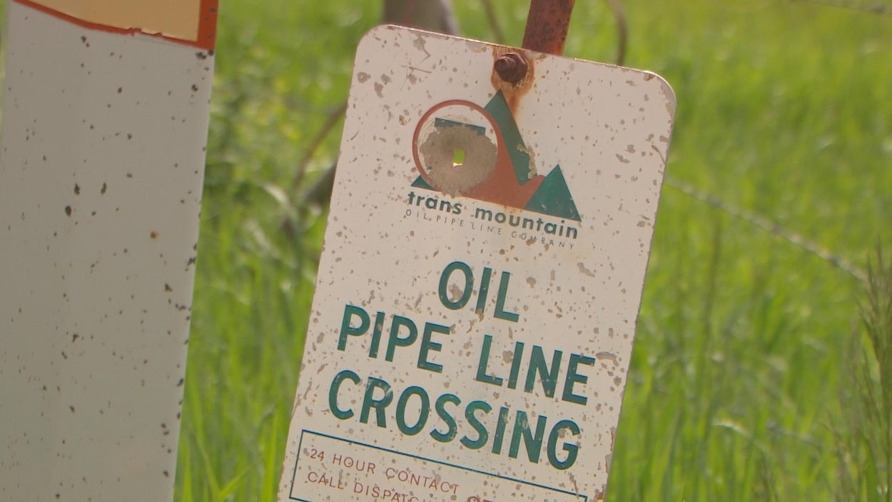 Un panneau en métal indique en anglais Oil Pipeline Crossing dans un champ d'herbe. Un panneau en métal indique en anglais Oil Pipeline Crossing dans un champ d'herbe.