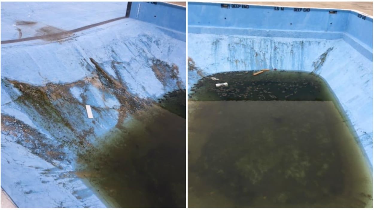 Un collage de deux images d'une piscine bleue en très mauvais état.
