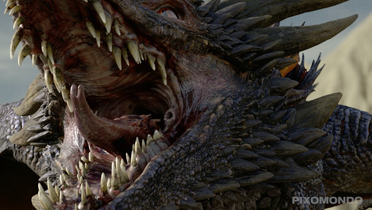 Un dragon, la bouche ouverte.