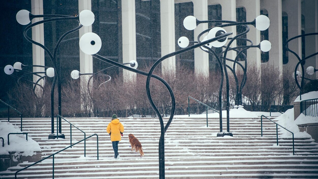 Un piéton marche avec son chien sur l'esplanade de la Place des Arts, sous la neige, au centre-ville de Montréal.