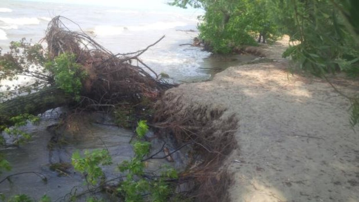 On peut voir l'eau du lac Érié monter sur la plage. On peut voir l'eau du lac Érié monter sur la plage.
