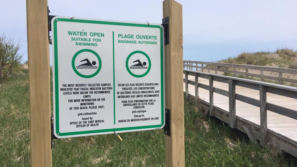 Une affiche indiquant que la plage est ouverte à la baignade.
