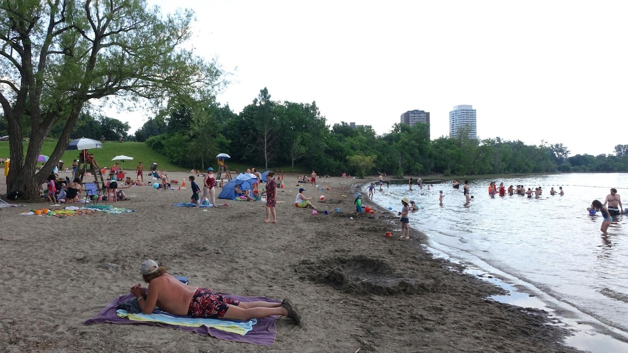Des gens sont allongés sur des serviettes ou se baignent dans la rivière.