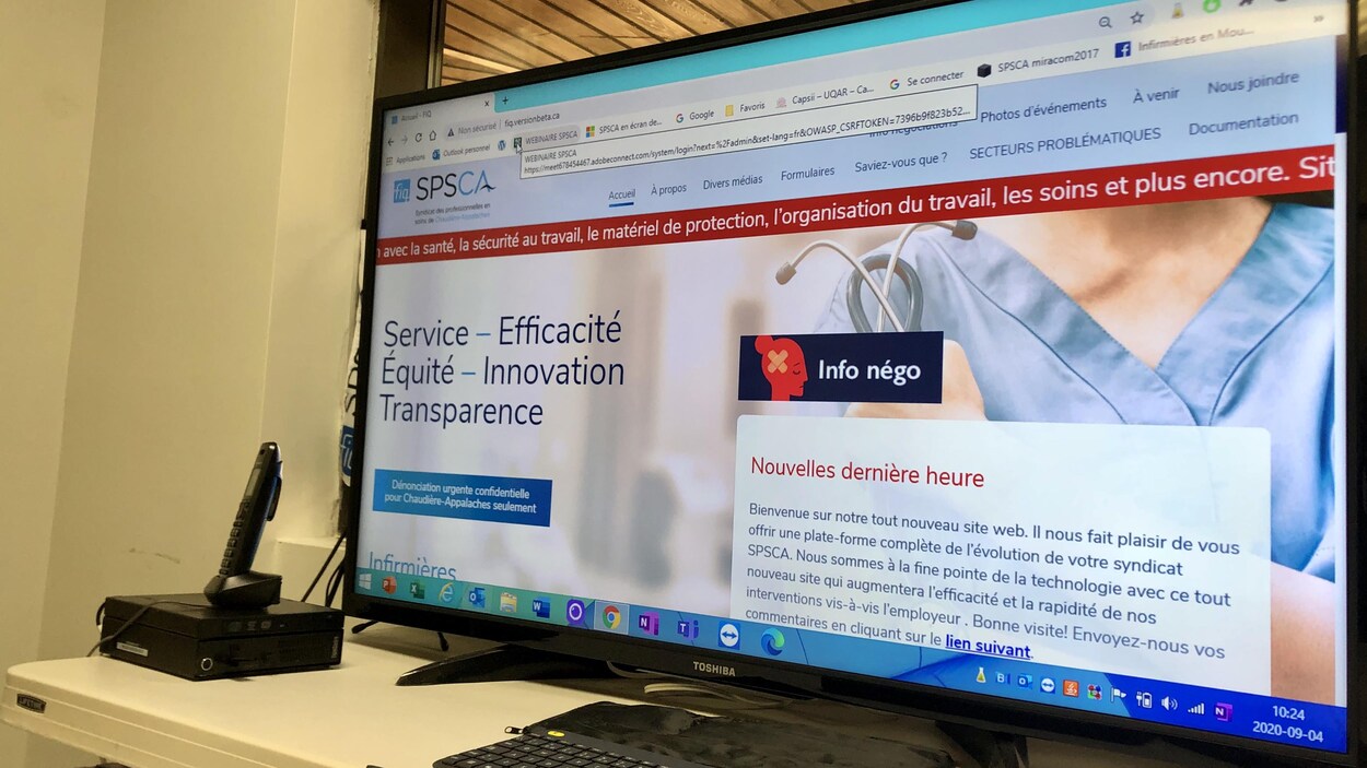 Un écran d'ordinateur affichant le site Internet du Syndicat des professionnelles en soins de santé de Chaudière-Appalaches,