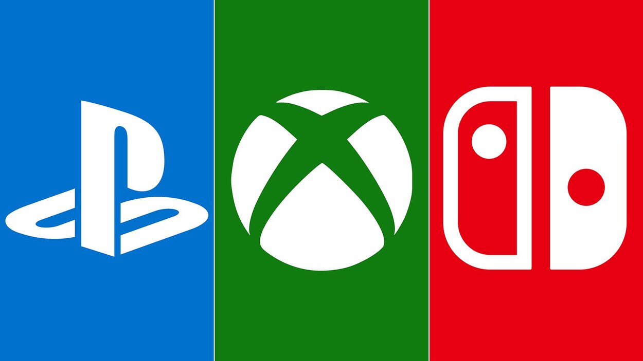 Les logos de PlayStation, de Xbox et de la Switch.