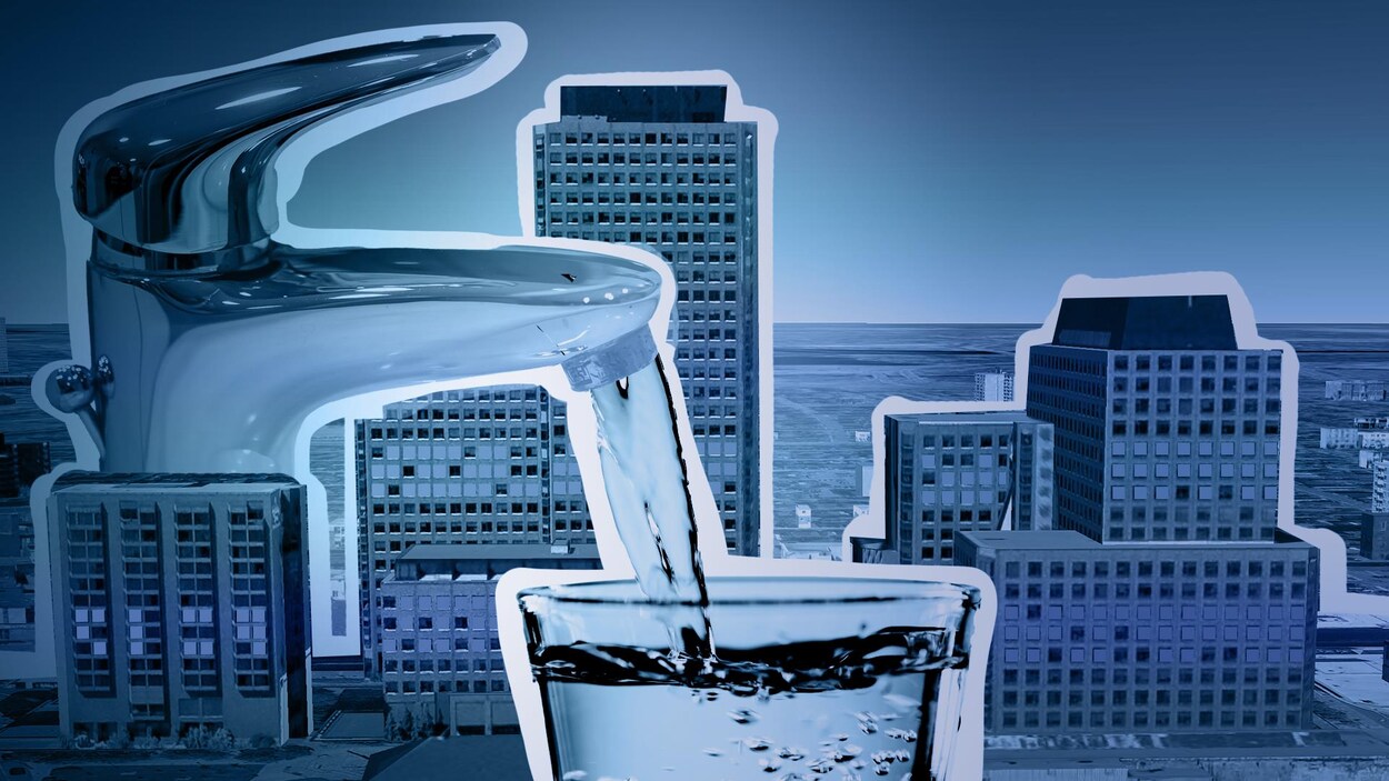 Dessin des Terrasses de la Chaudière avec un robinet duquel s'écoule de l'eau.