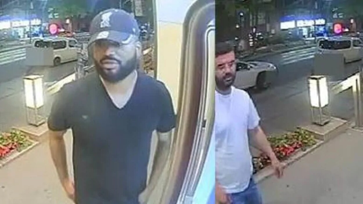 Photo en mosaïque de deux hommes dans la rue le soir