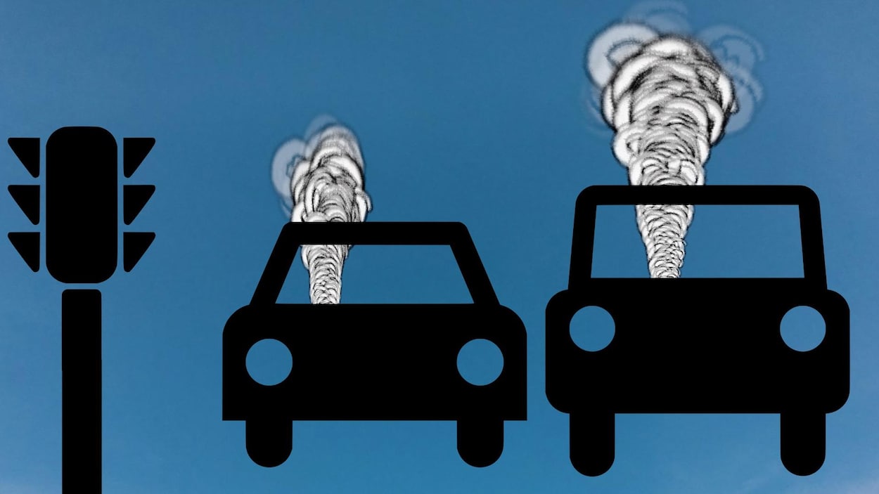 Dessin montrant deux voitures desquelles s'échappe un nuage de fumée.