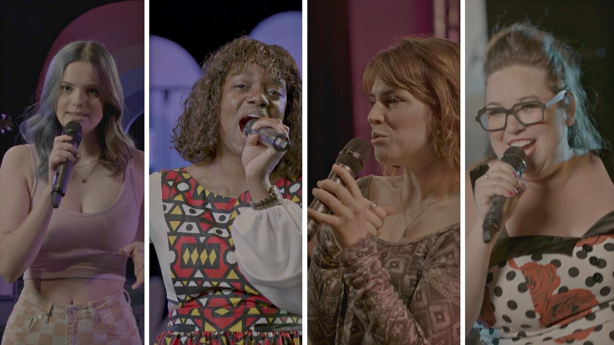 Montage de photographies des quatre artistes de Polyfonik 2021 en spectacle devant un micro : Amélie Préville, Priscila Bieni, Émilie Ringuette et IsaCliche.