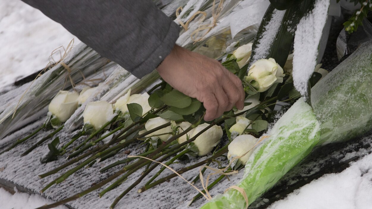 Un homme dépose des fleurs sur une plaque commémorative.
