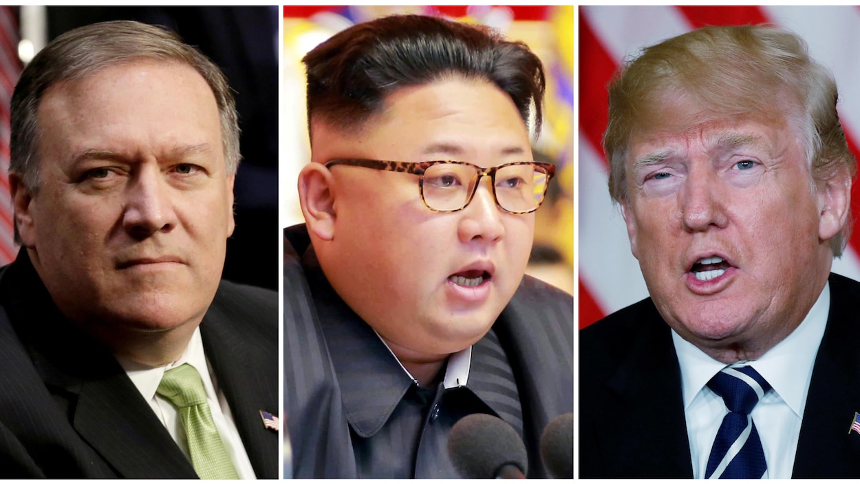 Le secrétaire d'État américain Mike Pompeo, le dirigeant nord-coréen Kim Jong-un et le président américain Donald Trump