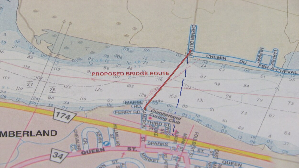 Une carte illustrant le tracé d'un éventuel pont entre Cumberland et Masson Angers.