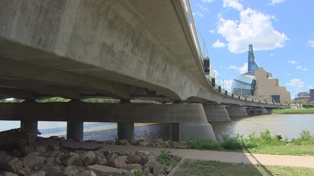 Un grand pont au-dessus de la rivière. Au fond, le Musée canadien pour les droits de la personne.