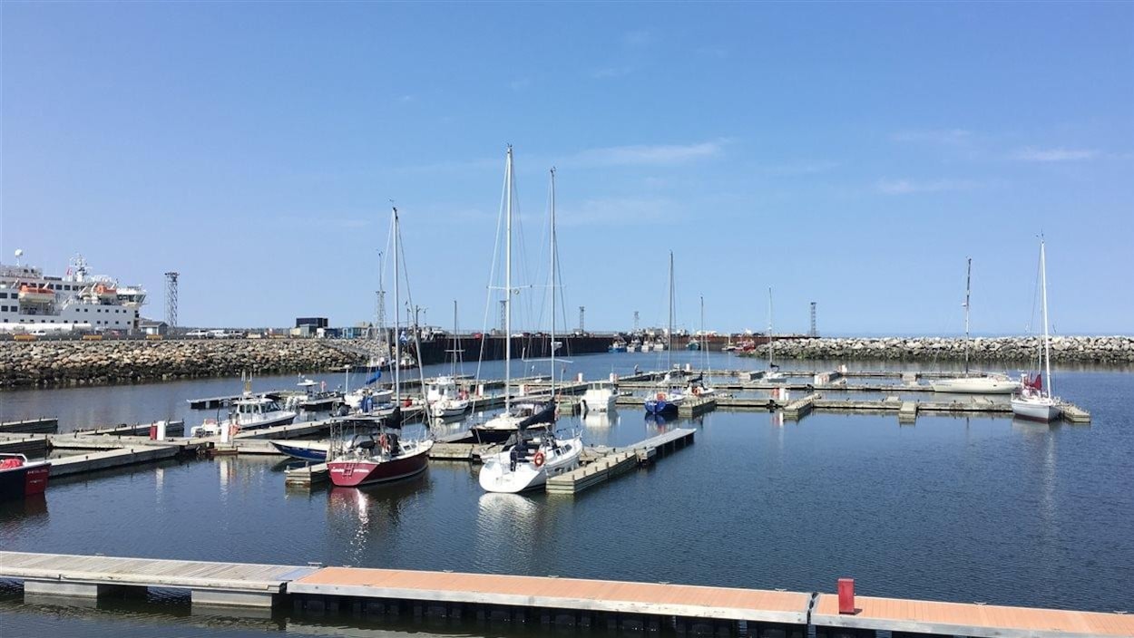 Vue d'ensemble de la marina avec ses pontons, quelques voiliers, l'enrochement et, au fond, le quai réservé à la pêche commerciale