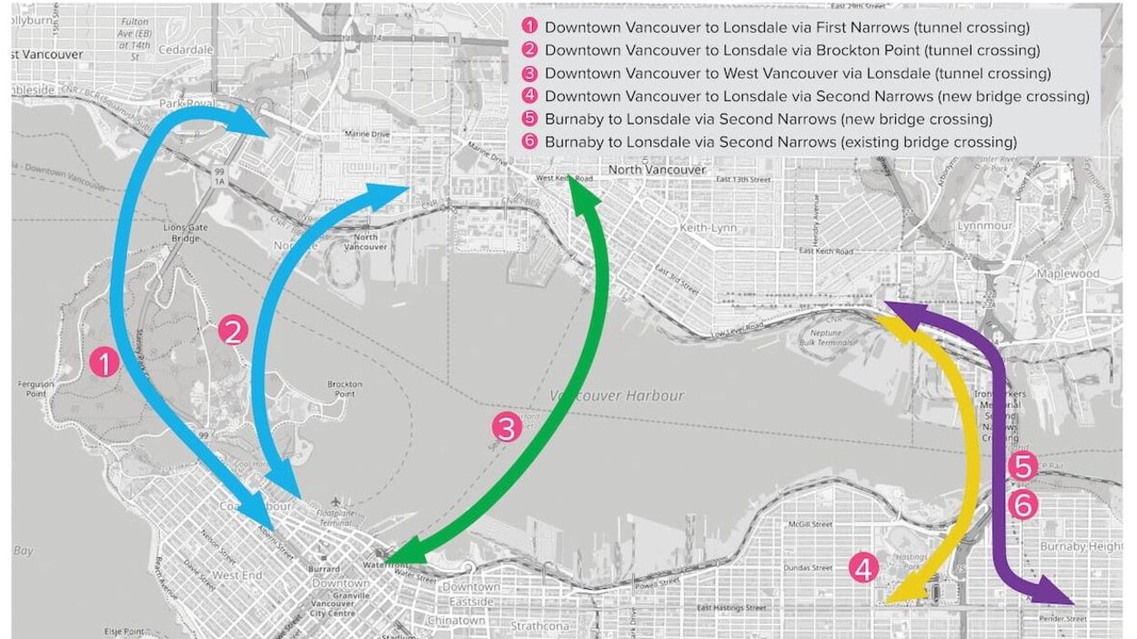 Une carte avec six flèches indiquant les sites potentiels pour un nouveau pont ou un tunnel.