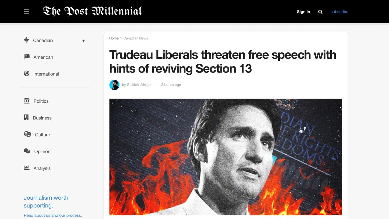 L'article est intitulé « Les libéraux de Trudeau menacent la liberté d'expression en voulant faire renaître la Section 13 ». L'image montre Justin Trudeau devant la Charte des droits et libertés en flammes.