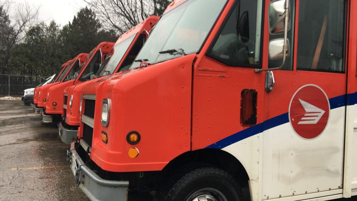 Des camions de Postes Canada stationnés en rangée.