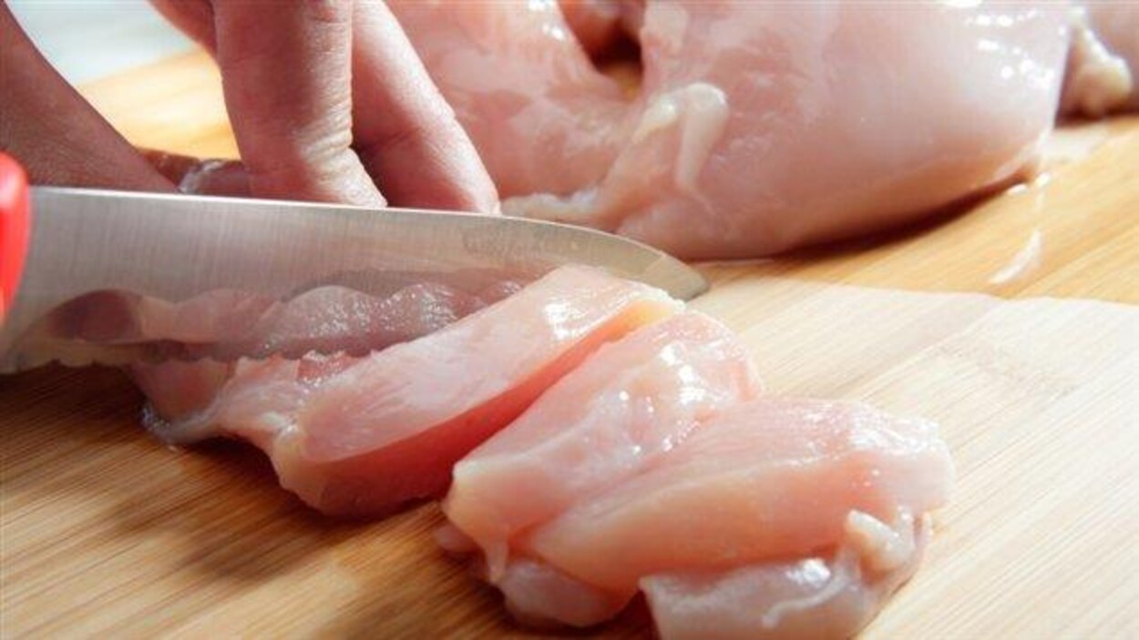 Un homme coupe de la viande de poulet