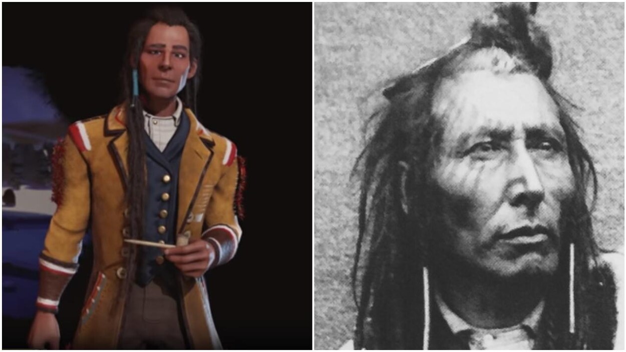 L'image du chef Poundmaker du jeu vidéo Civilization à côté d'une photographie du chef, figure historique.