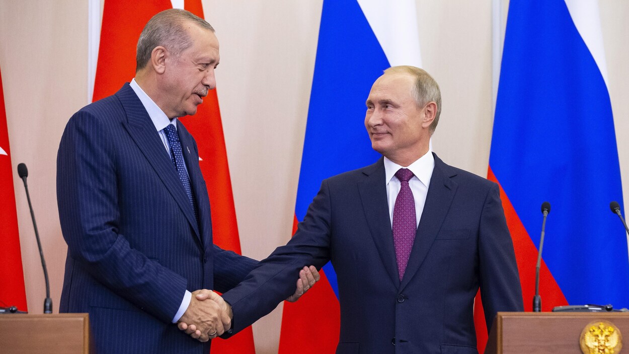 Le président russe Vladimir Poutine et son homologue turc Recep Tayyip Erdogan se serrent la main.