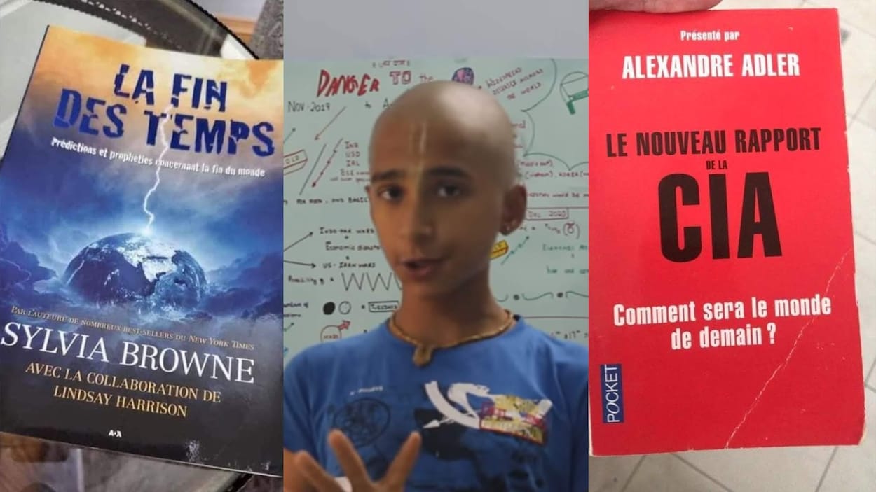 Des photos de la couverture du livre « La fin des temps », le voyant indien Abighya Anand et la couverture du livre « Le nouveau rapport de la CIA ».