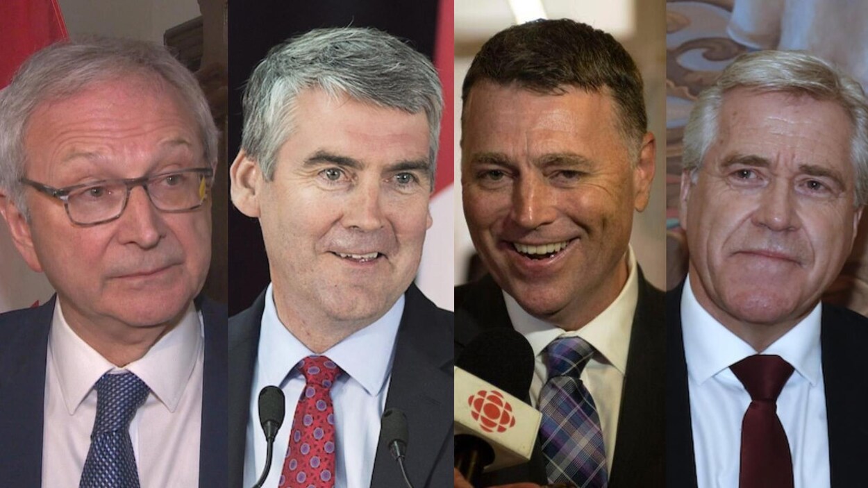 Les premiers ministres du Nouveau-Brunswick, Blaine Higgs, de la Nouvelle-Écosse, Stephen McNeil, de l'Île-du-Prince-Édouard, Dennis King et de Terre-Neuve-et-Labrador, Dwight Ball.