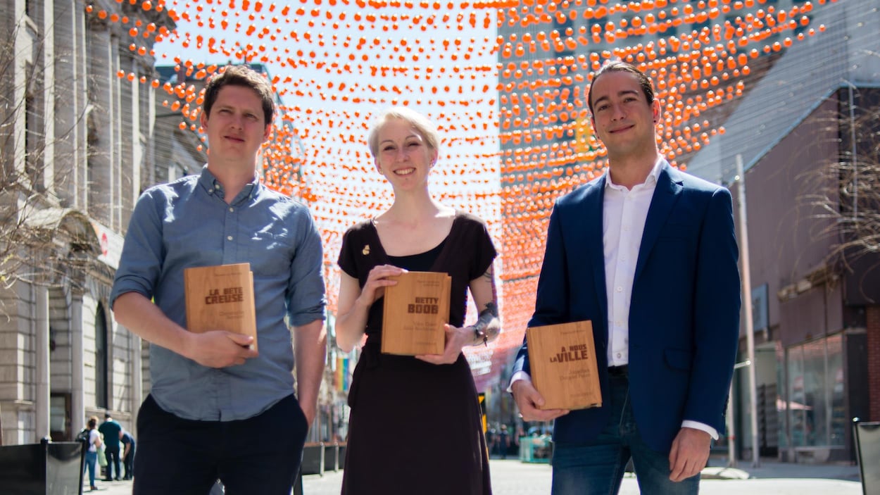 Le romancier Christophe Bernard, la dessinatrice Julie Rocheleau et l'essayiste Jonathan Durand Folco