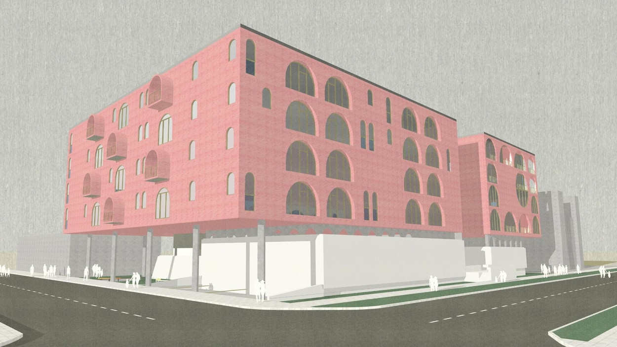 Plan en trois dimensions d'un immeuble de couleur rose pâle faisant le coin de deux rues, comprenant quatre étages et des fenêtres en forme de demi cercles. Plan en trois dimensions d'un immeuble de couleur rose pâle faisant le coin de deux rues, comprenant quatre étages et des fenêtres en forme de demi cercles.