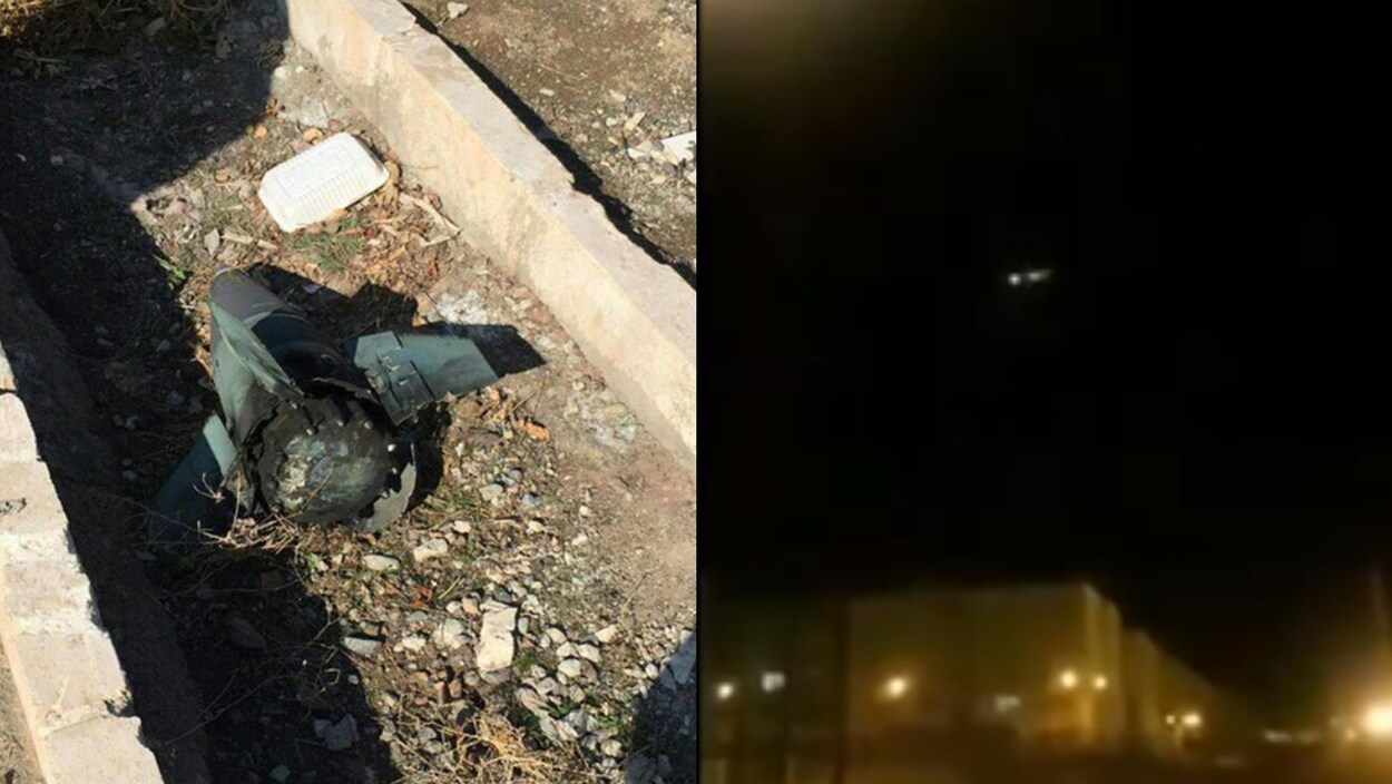 Un débris de missile et la capture d'écran d'une vidéo montrant l'impact entre le missile et l'avion.