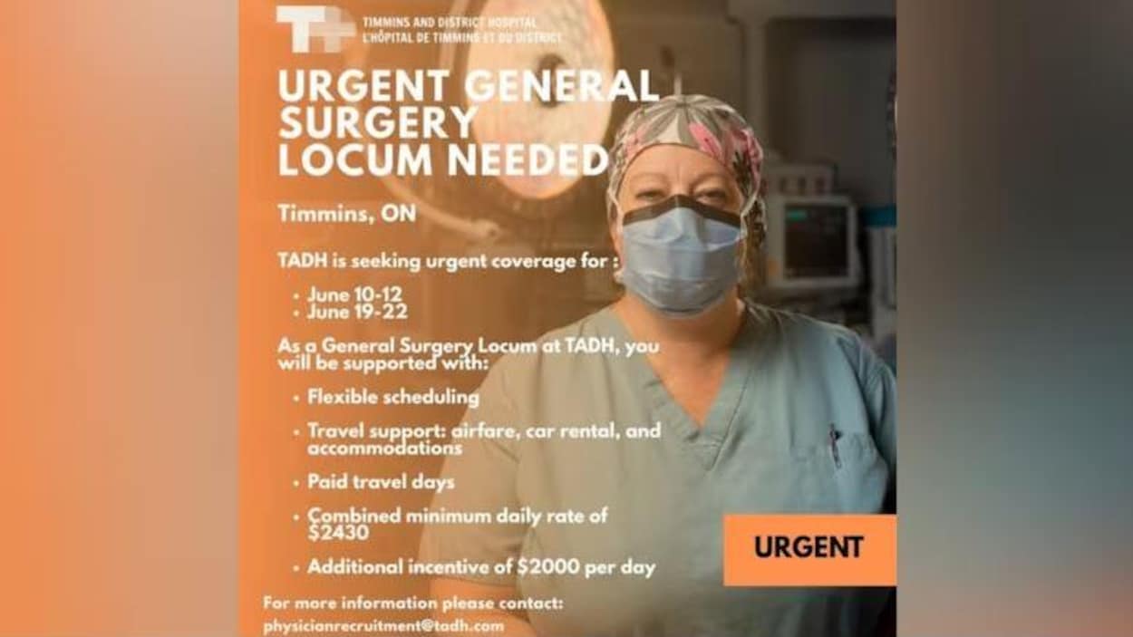 L’hôpital de Timmins offre plus de 4 000 $ par jour à des médecins remplaçants